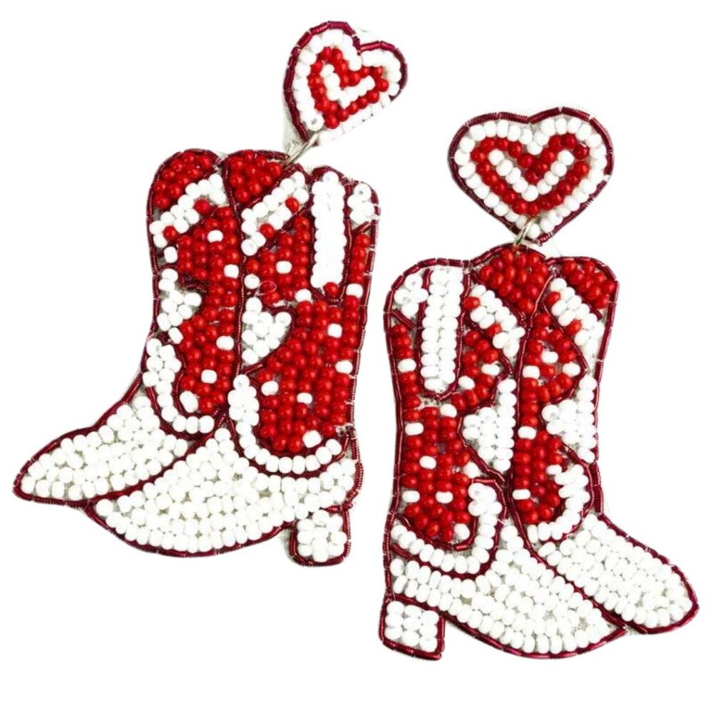 VIOLA Red & White Seed Bead Valentines Cowboy Boot Earrings NWT